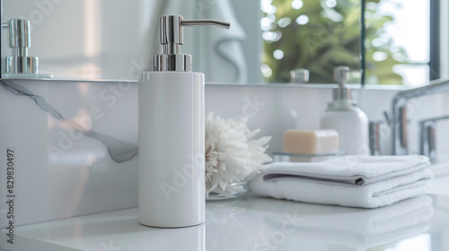 Minimalist white ceramic soap dispenser in a contemporary bathroom with sleek fixtures and neutral decor  providing a clean and stylish touch