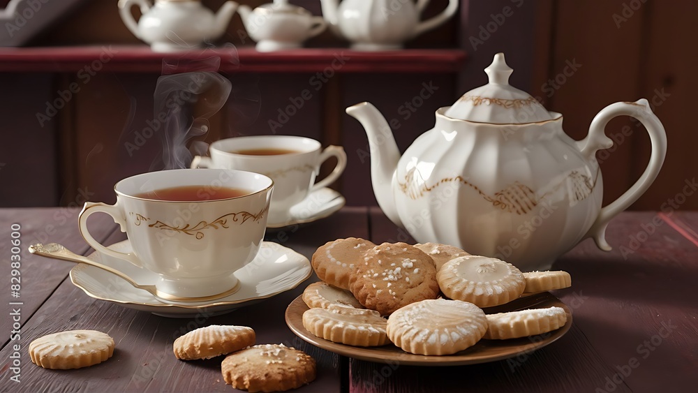 A warm and cozy scene of a wooden table adorned with a beautiful teapot, a steaming cup of tea, and a plate of delicious cookies. A warm and cozy scene of a wooden table adorned with a beautiful teapot, a steaming cup of tea, and a plate of delicious cookies.