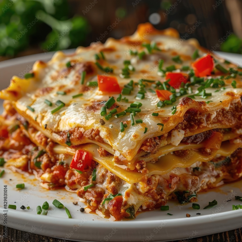 Delicious homemade lasagna topped with fresh herbs and garnished with chopped tomatoes, served on a white plate. Delicious homemade lasagna topped with fresh herbs and garnished with chopped tomatoes, served on a white plate.