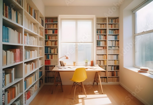 minimalist colored study room with bookshelves on the walls 
