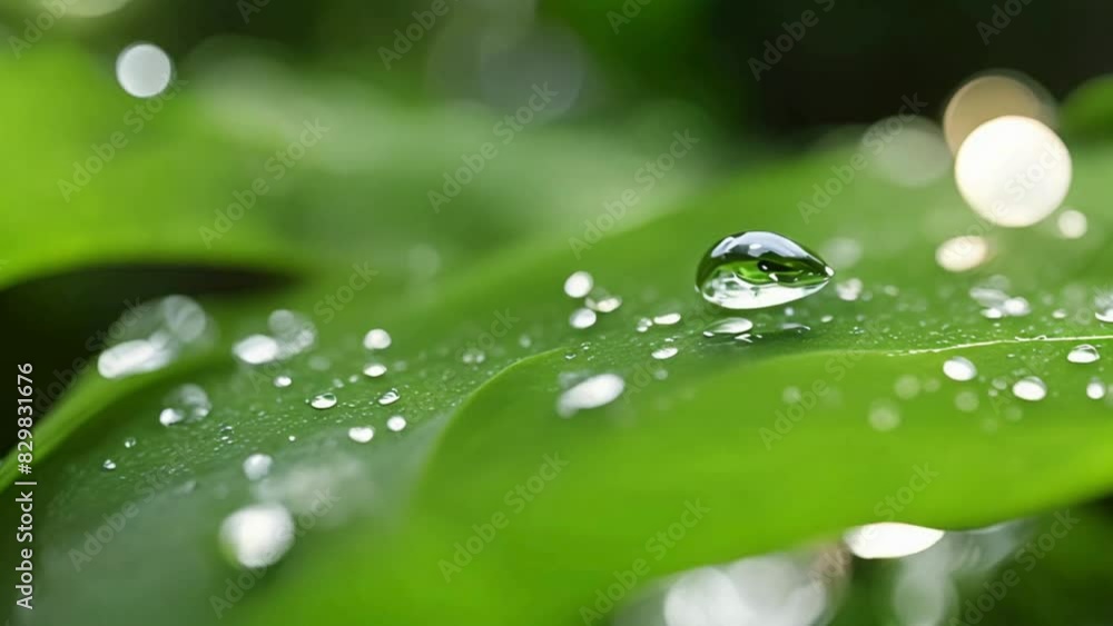 The environment is beautifully mirrored in a significant water droplet. This captivating nature spring photograph captures the essence of raindrops delicately resting on a plant leaf The environment is beautifully mirrored in a significant water droplet. This captivating nature spring photograph captures the essence of raindrops delicately resting on a plant leaf