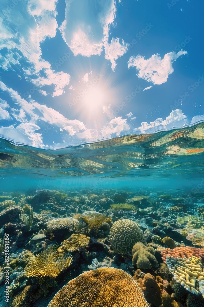A beautiful blue ocean with a sun shining on the water A beautiful blue ocean with a sun shining on the water