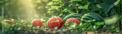 Close-up of ripe watermelons growing in a sunny field with green leaves. Vibrant and fresh summer harvest in a natural setting.