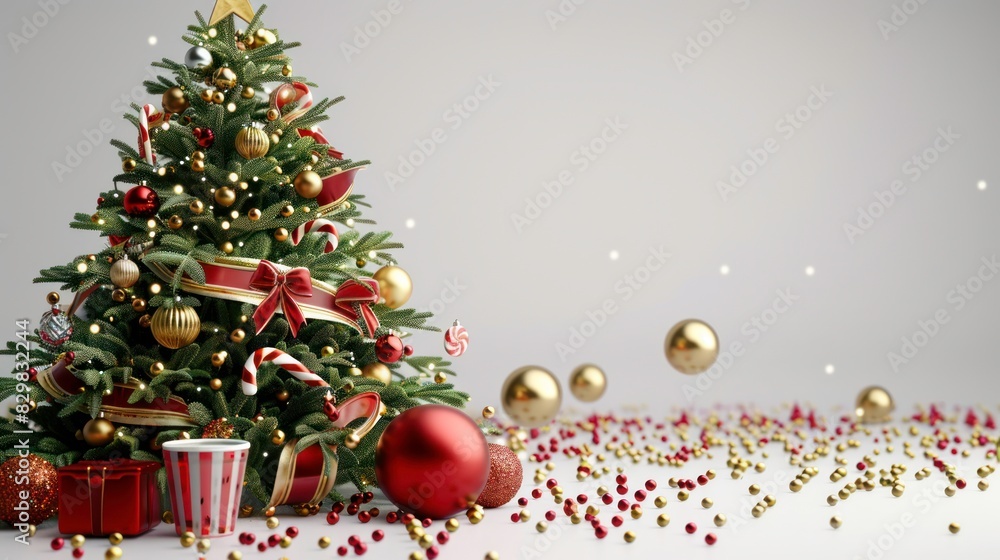 Abstract Christmas tree with gold ball and candy can on white background. 3d rendering. Abstract Christmas tree with gold ball and candy can on white background. 3d rendering.