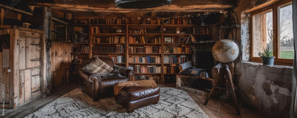 Fototapeta premium Cozy rustic library with wooden bookshelves, leather armchair, and a large globe, perfect for a quiet reading space and relaxation.