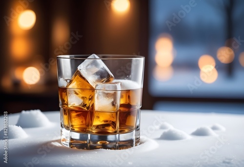 close-up of whiskey glass with ice on snow, ad shot.
 photo
