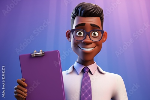 3D illustration, cartoonish man, Poster with super intelligent young man, with glasses, wearing office shirt, high intellectual potential future top manager, businessman on simple background