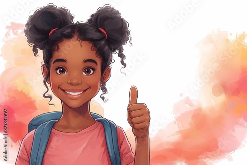 Portrait of african american little girl. Laughter and joy, smile and calmness. Multi ethnic society. Cartoon character, flat style, flat color illustration. Baner, logo, poster. Back to school photo