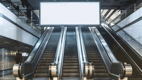 Pristine white billboard placed above a stainless steel escalator in a contemporary subway station