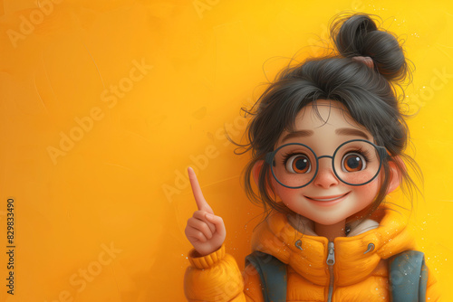 Portrait of little girl with ginger hair with thumbs up finger. Laughter and joy, smile and calmness. School girl on yellow background. Baner, logo, poster. Back to school