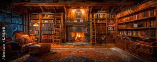 Cozy, rustic library with a warm fireplace, surrounded by bookshelves and a comfortable armchair, perfect for reading and relaxation. © PBMasterDesign