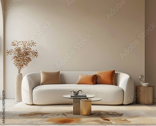 Beige sofa and armchair in a modern living room interior with carpet, wall mock up, sideboard and table