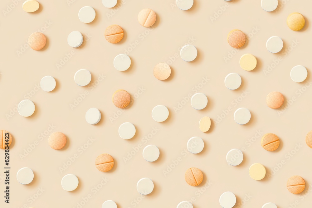 Pills seamless pattern on light pastel color background, top view Pills seamless pattern on light pastel color background, top view
