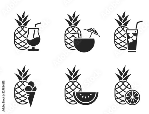 summer soft drink and fruits icons. beverage  cocktail and pineapple symbols. isolated vector illustrations for vacation design