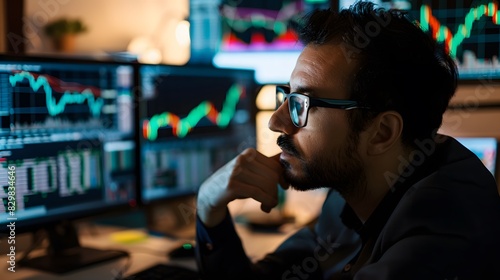 A pensive man analyzes stock market data on multiple monitors in a dimly lit office, focusing on financial trends and graphs.