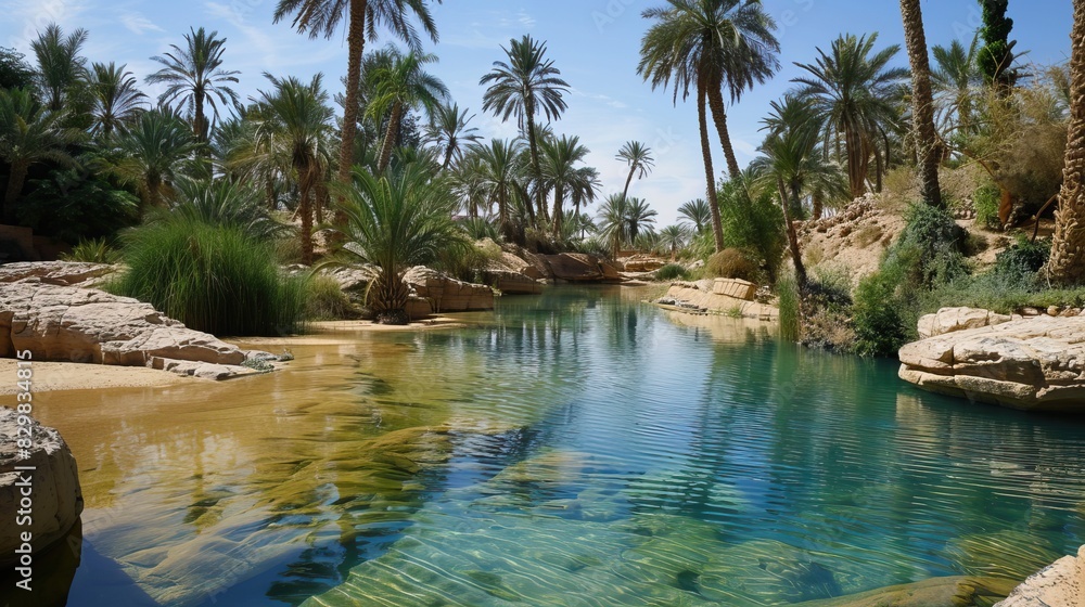 A stunning green oasis surrounded by desert. Nature and travel concept. A stunning green oasis surrounded by desert. Nature and travel concept.