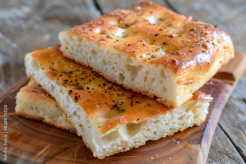 Pieces on focaccia bread stacked on top of each other and served on a wooden cutting board Pieces on focaccia bread stacked on top of each other and served on a wooden cutting board