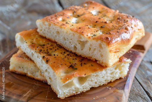 Pieces on focaccia bread stacked on top of each other and served on a wooden cutting board