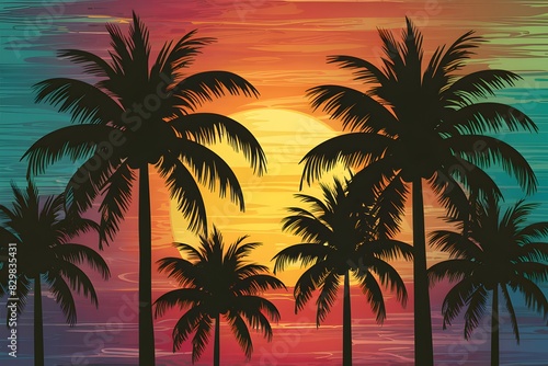 A vibrant tropical sunset scene with palm tree silhouettes creating a serene atmosphere