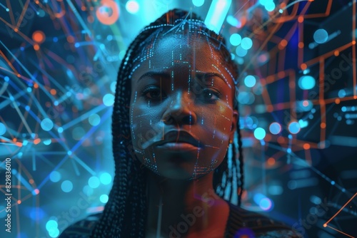 A Black woman with long braids stands in a futuristic setting