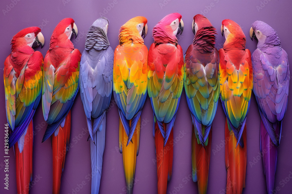 Obraz premium Colorful Parrots Aligned Against a Purple Background. A vibrant lineup of colorful parrots standing against a purple background, showcasing their diverse and vivid plumage