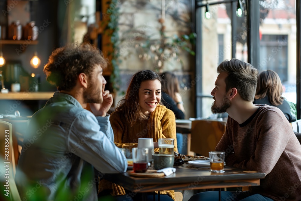 A group of young friends chat around a table in a cozy café with plants and rustic decor, dressed in casual sweaters and enjoying their time together A group of young friends chat around a table in a cozy café with plants and rustic decor, dressed in casual sweaters and enjoying their time together