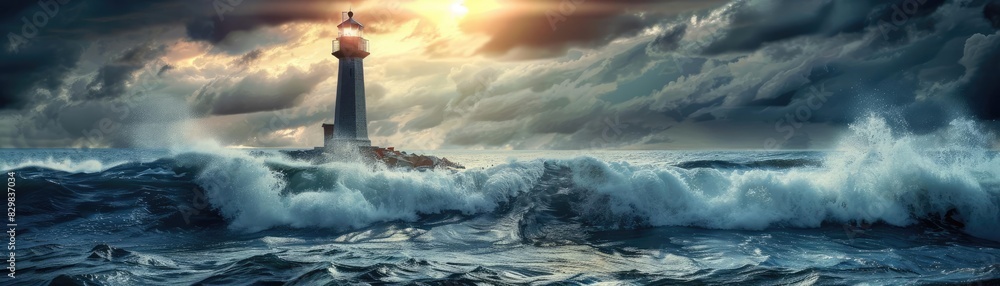 A dramatic scene featuring a lighthouse standing firm against powerful waves under a stormy sky as the sun tries to break through the clouds.