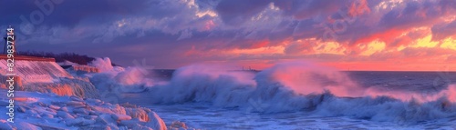 Stunning sunset over a dramatic ocean coastline with crashing waves, captured in vibrant colors. Serene and powerful nature scene. photo