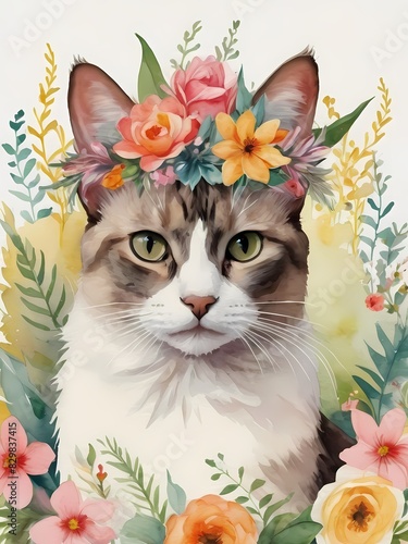 Balinese-Javanese Cat with Flower Crown Generative AI Illustration 