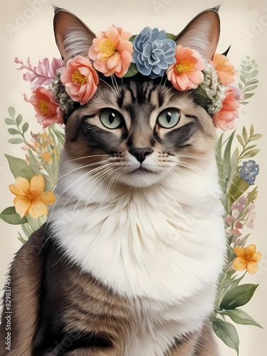 Balinese-Javanese Cat with Flower Crown Generative AI Illustration 