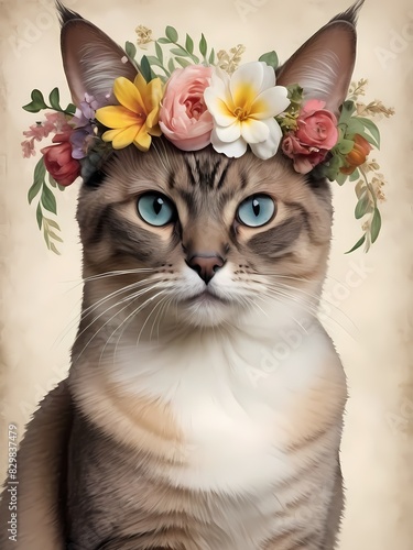 Balinese-Javanese Cat with Flower Crown Generative AI Illustration 