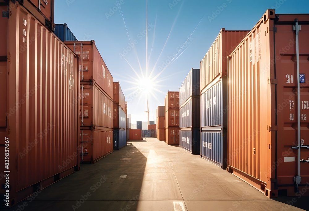 Fototapeta premium A cargo ship containers at the port, sunset view.