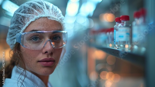 A focused woman scientist inspecting laboratory vials, wearing protective eyewear and a lab coat, represents concentration and innovation photo