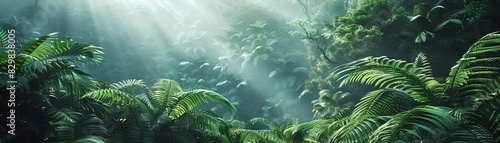 A lush and vibrant rainforest with green ferns and plants, and sunlight streaming through the trees.