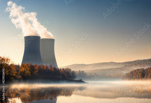 A tranquil autumn scene featuring a thermal power plant with two cooling towers, emitting steam, set against a misty lake and vibrant forest.