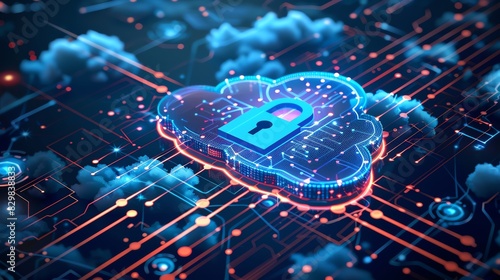 Cinematic illustration of a digital shield and padlock over a cloud icon photo