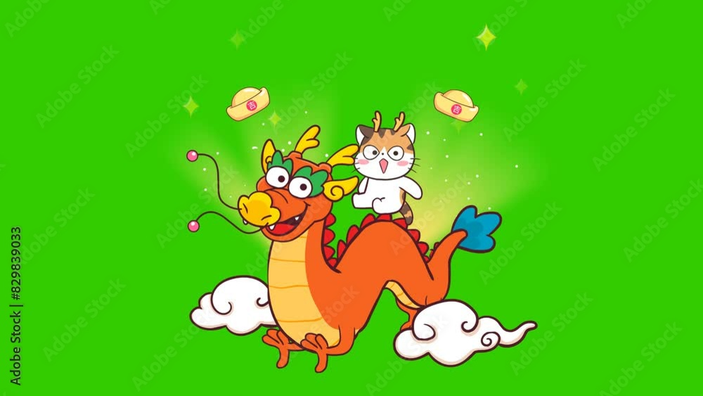 Adorable Animated Cat Riding a Dragon with Green Screen Adorable Animated Cat Riding a Dragon with Green Screen