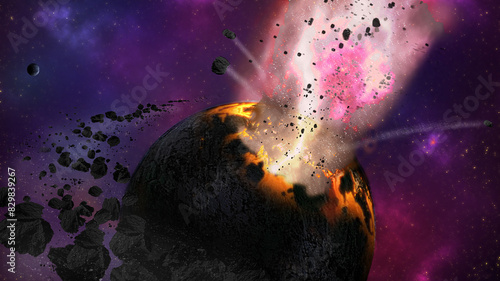 An destructive outer space event of dead planets releasing energy from its core, covered itself insmall particle and debris, Sci-fi apocalypse space background for desktop wallpaper, 3d illustration photo