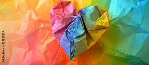 A heart made of rainbow-colored origami paper  precisely folded  set against a gradient background that transitions through rainbow hues.