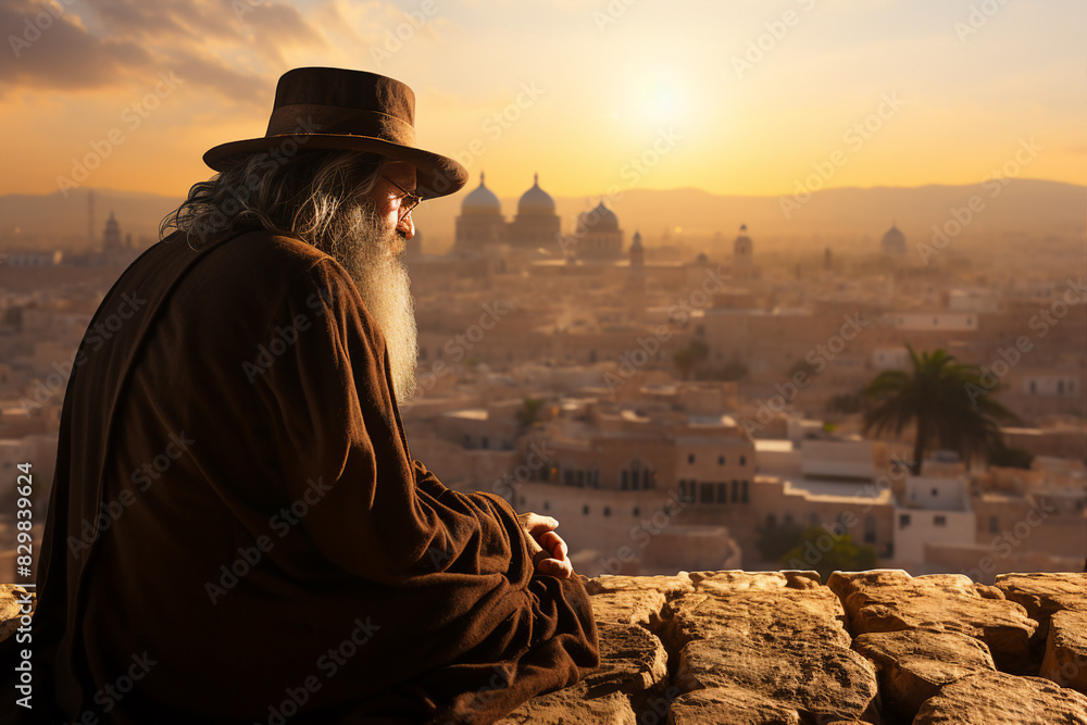 Fototapeta premium Christian illustration generative AI of man in the streets of Jerusalem