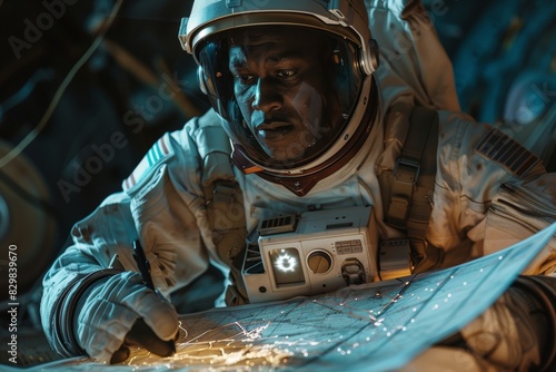 A Black male astronaut wearing a space suit is seen working on a piece of paper in a space setting