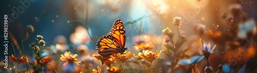 A beautiful monarch butterfly perched on a flower in a field of flowers. The butterfly is surrounded by a soft, warm light. The image is full of life and beauty. photo