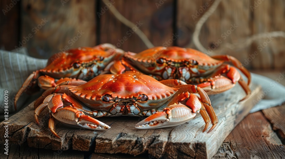 Fresh Crabs on Rustic Wooden Board Basking in Natural Light