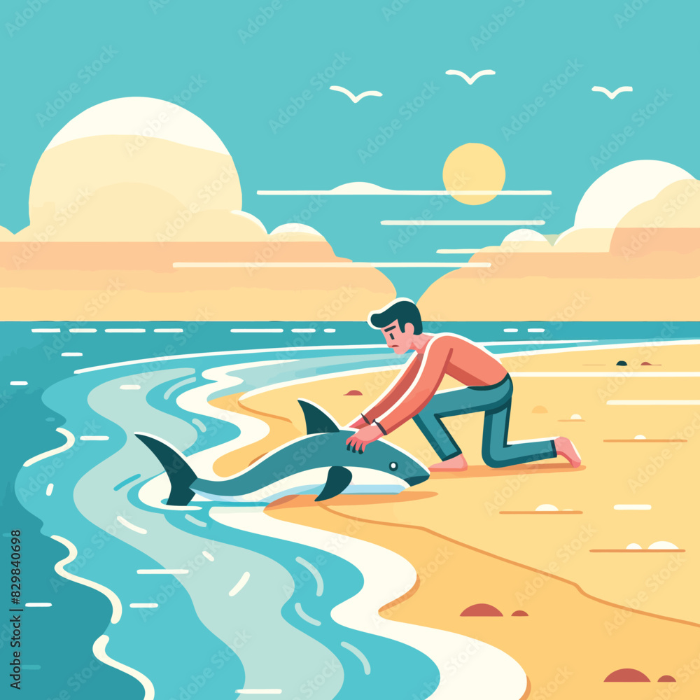 cartoon of a person rescuing a beached shark on the shore