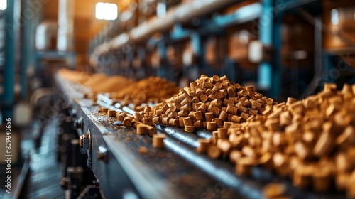 Industrial background of a large quantity of wood pellets being transported on a manufacturing line