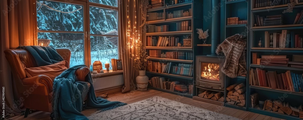Cozy reading nook with a warm fireplace and bookshelves filled with books, overlooking a snowy landscape through the window.