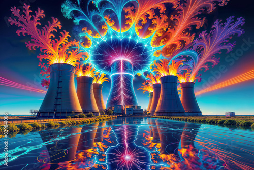 Vivid depiction of a thermal power plant with illuminated smokestacks, fractal energy patterns, and serene water reflections, capturing energy production's essence.