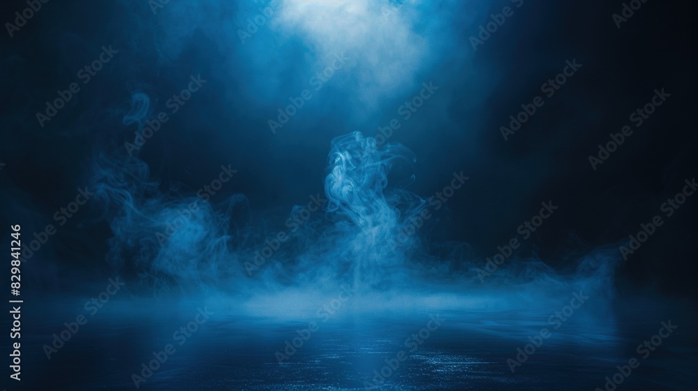 Empty Dark Stage with Cyan Mist Fog Smoke - Platform Showcasing Artistic Work Product
