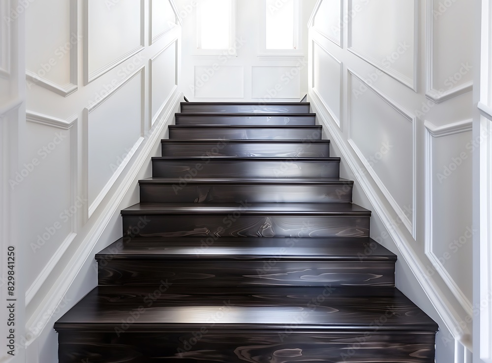 dark wood staircase in luxury home with white walls and dark hardwood floors stock photo, high quality dark wood staircase in luxury home with white walls and dark hardwood floors stock photo, high quality
