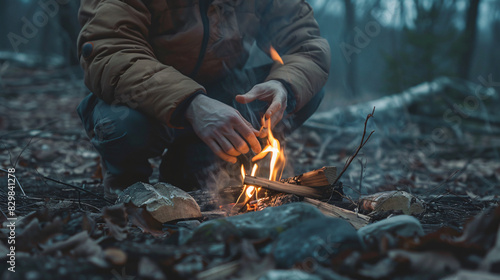 Man warming hands near burning firewood in forest closeup